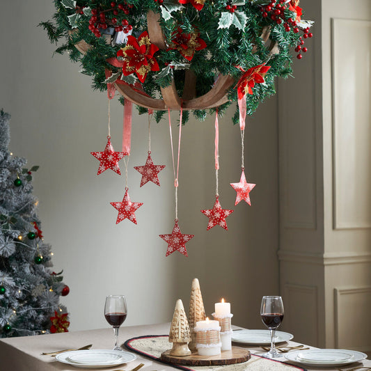 Falling Snow Red Star Metal Ornament Set of 6 - 4 inch