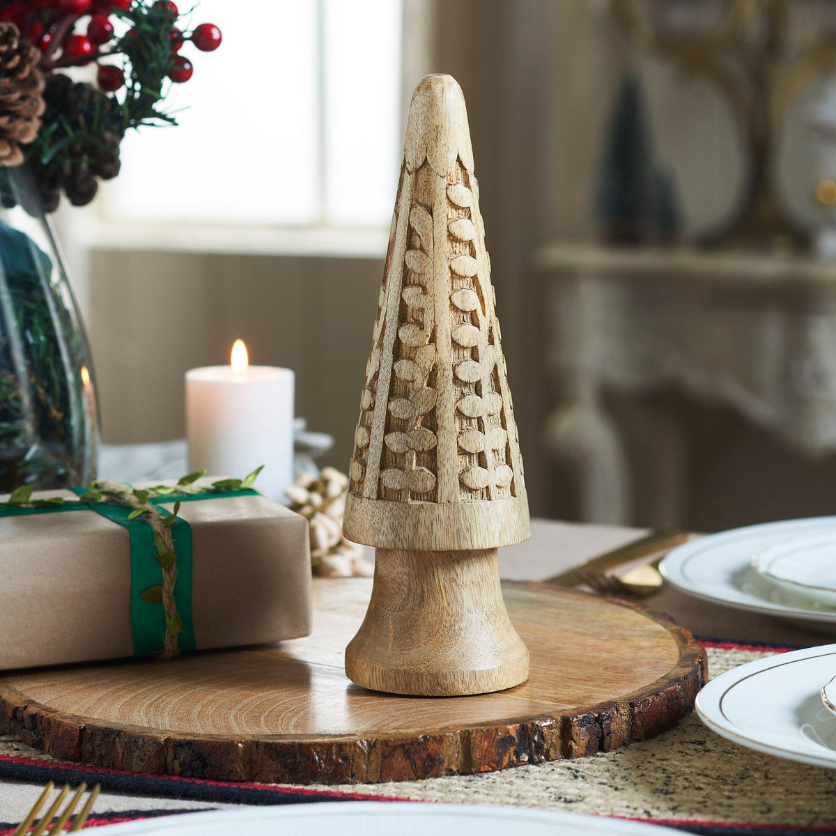 Natural Wooden Carved Cone Tree Large