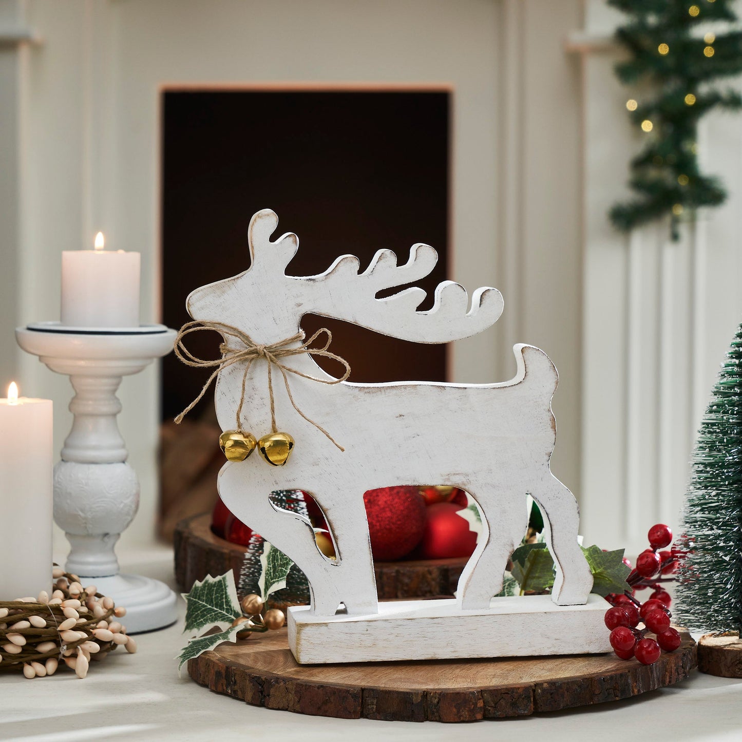 Winter Walk Distressed White Wooden Reindeer Large