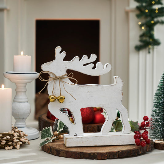 Winter Walk Distressed White Wooden Reindeer Large