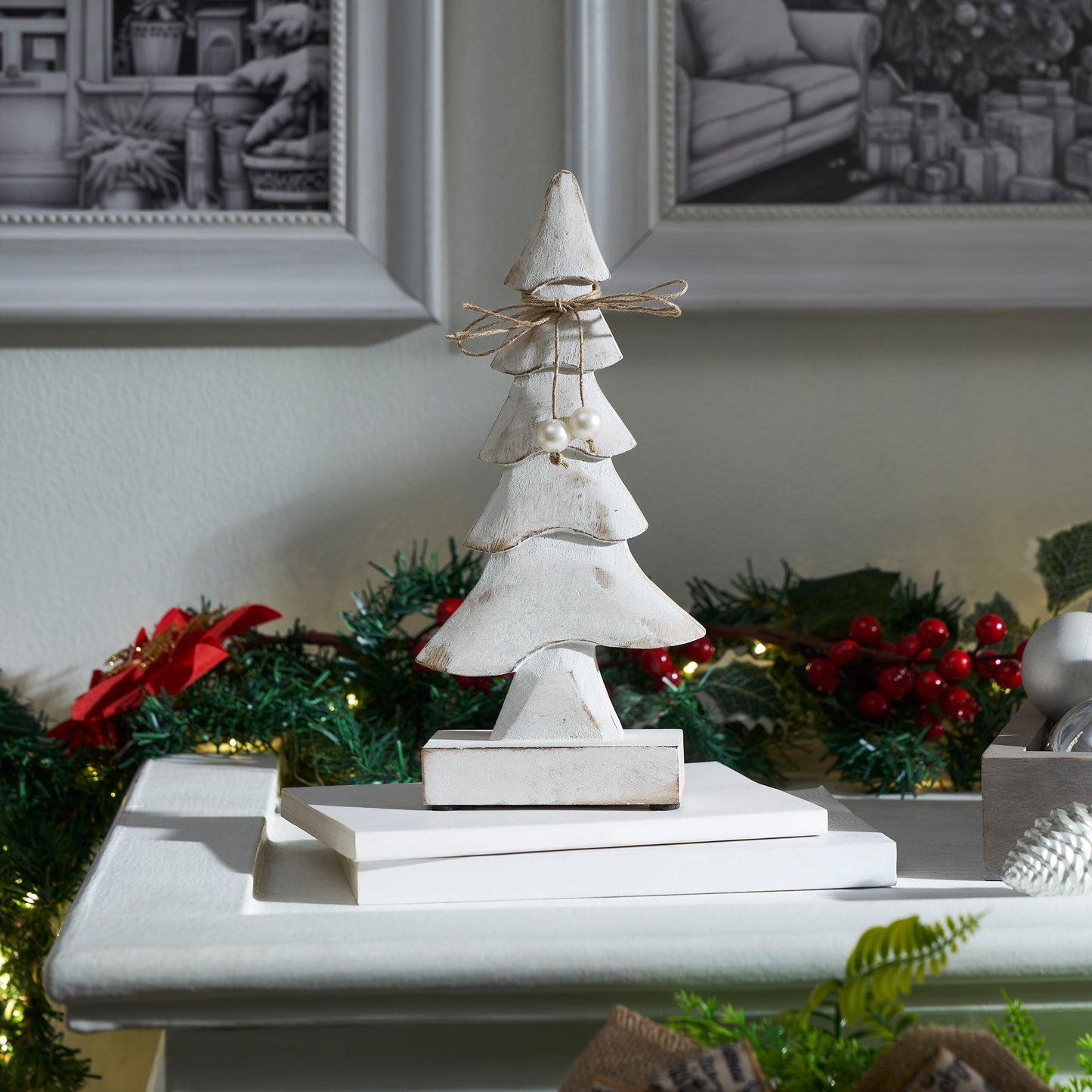 Pretty in Pearl Distressed White Wooden Tree Large 10x4.75x2.5