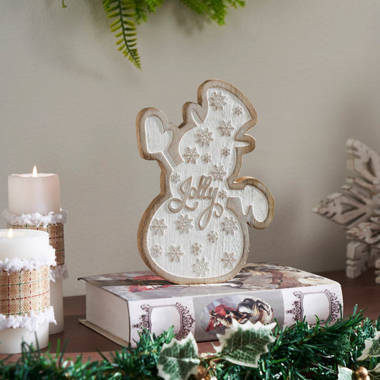 White Washed Jolly Natural Wooden Snowman 8x6x1