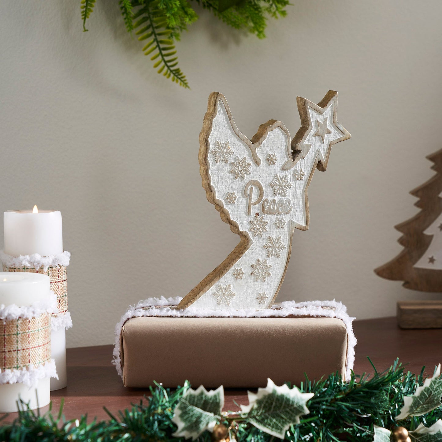 White Washed Peace Natural Wooden Angel