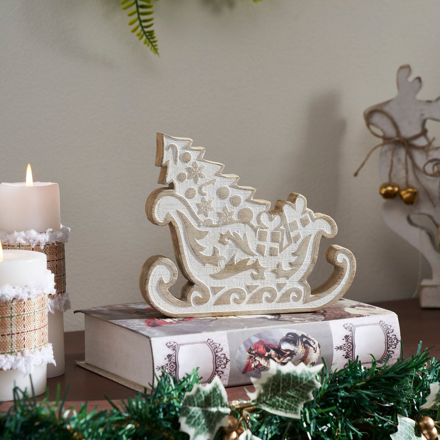 White Washed Santa on Duty Natural Wooden Sleigh 7x6x1