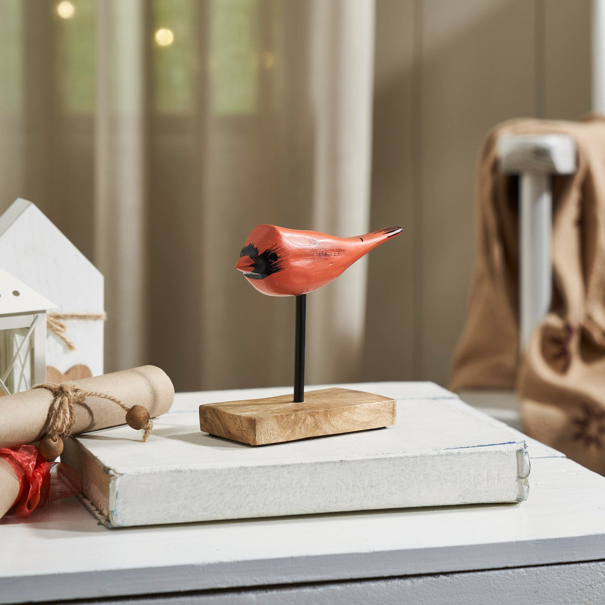 In Flight Natural Wooden Cardinal on Metal Stand