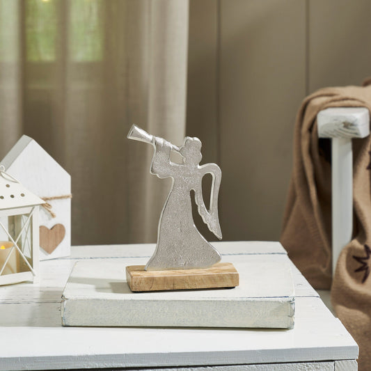 Hark the Herald Metal Angel on Wooden Stand 6.75x4.5x2