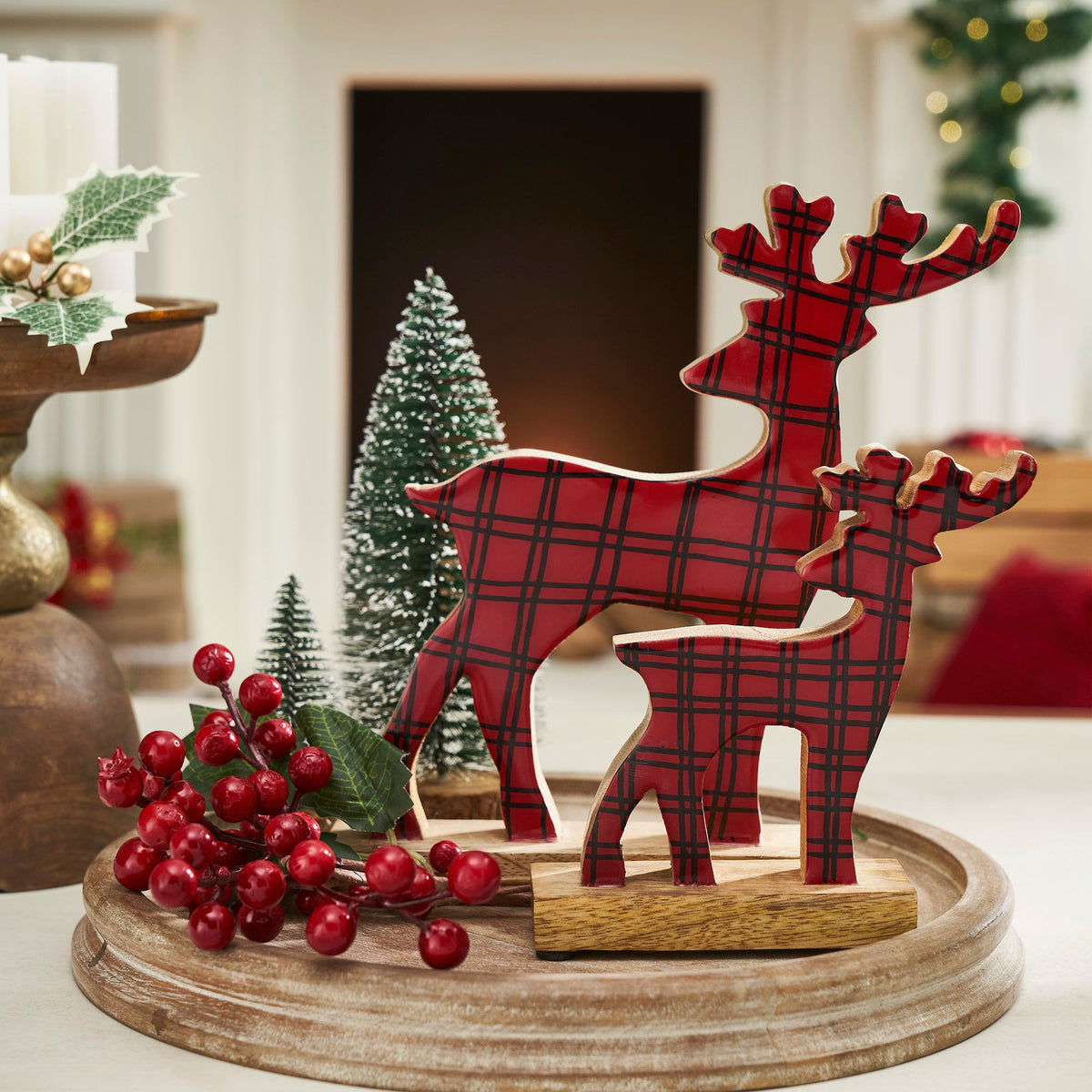 Red Plaid Wooden Reindeer Set of 2- /