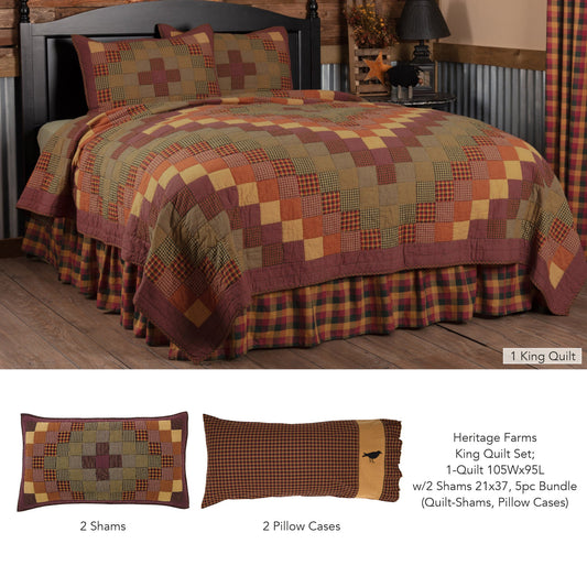 Heritage Farms King Quilt Set; 1-Quilt 105Wx95L w/2 Shams 21x37 5pc Bundle (Quilt-Shams, Pillow Cases)