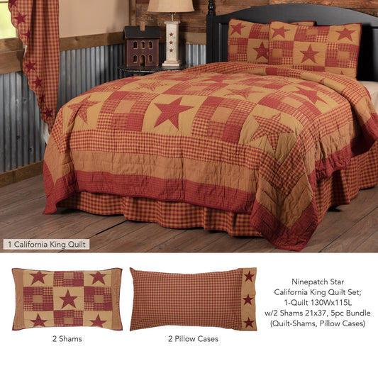 Ninepatch Star California King Quilt Set; 1-Quilt 130Wx115L w/2 Shams 21x37 5pc Bundle (Quilt-Shams, Pillow Cases)