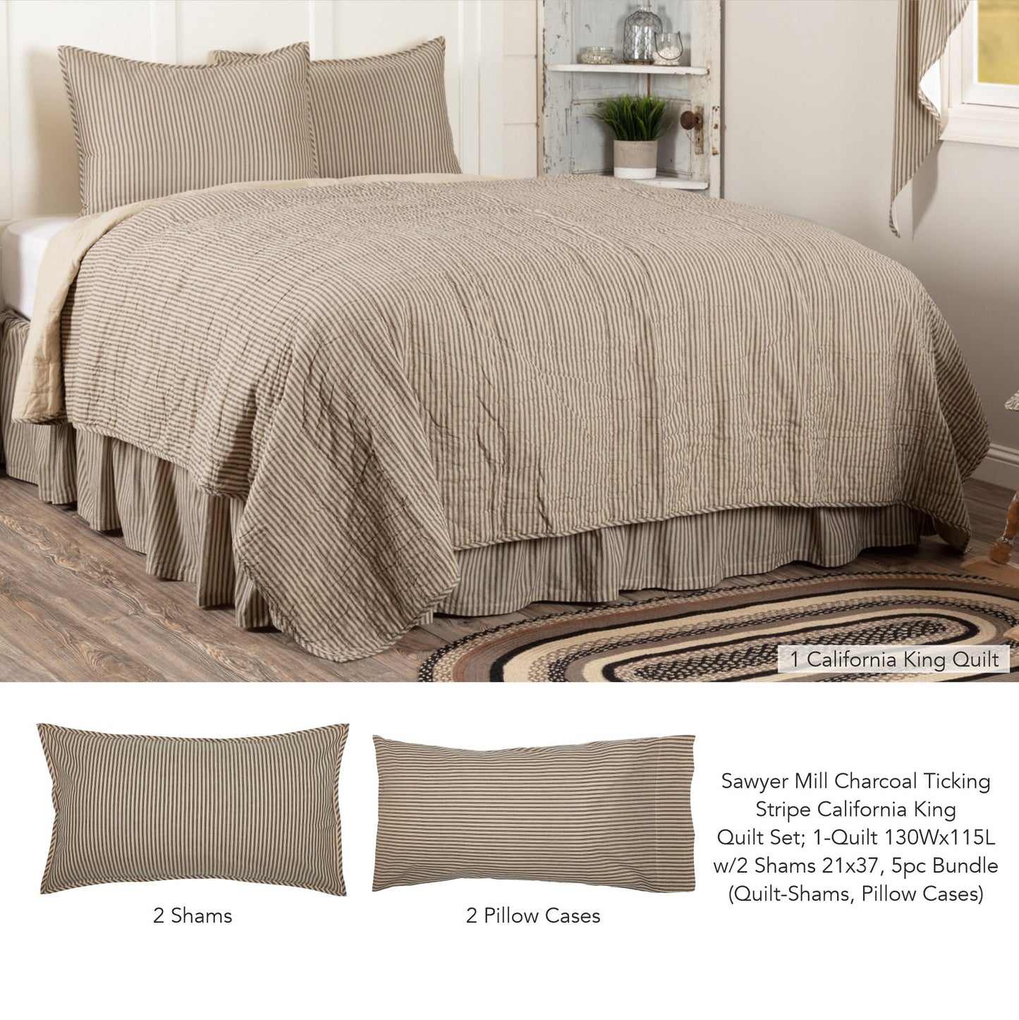 Sawyer Mill Charcoal Ticking Stripe California King Quilt Set; 1-Quilt 130Wx115L w/2 Shams 21x37 5pc Bundle (Quilt-Shams, Pillow Cases)