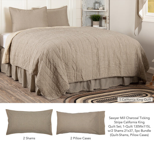 Sawyer Mill Charcoal Ticking Stripe California King Quilt Set; 1-Quilt 130Wx115L w/2 Shams 21x37 5pc Bundle (Quilt-Shams, Pillow Cases)