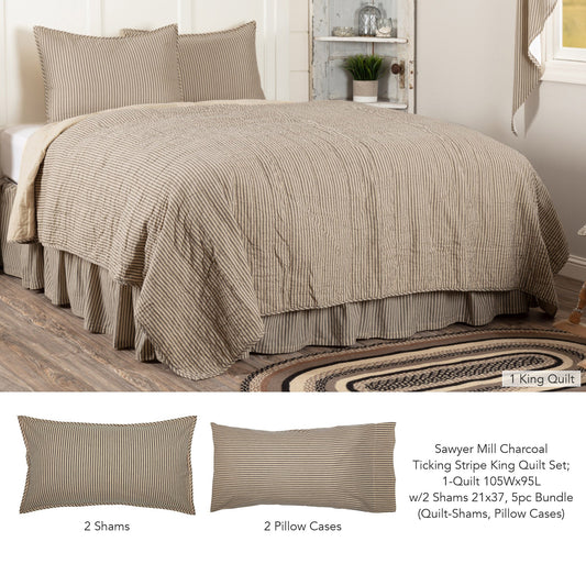 Sawyer Mill Charcoal Ticking Stripe King Quilt Set; 1-Quilt 105Wx95L w/2 Shams 21x37 5pc Bundle (Quilt-Shams, Pillow Cases)