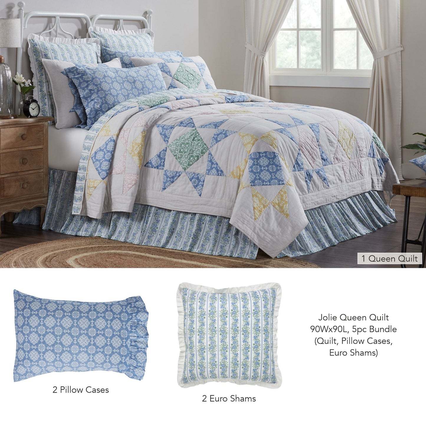 Jolie Queen Quilt 90Wx90L 5pc Bundle (Quilt, Pillow Cases, Euro Shams)