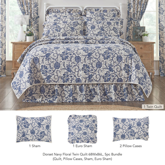 Dorset Navy Floral Twin Quilt 68Wx86L 5pc Bundle (Quilt, Pillow Cases, Sham, Euro Sham)