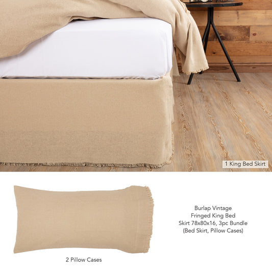 Burlap Vintage Fringed King Bed Skirt 78x80x16 3pc Bundle (Bed Skirt, Pillow Cases)