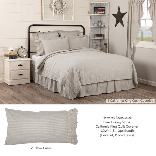 Hatteras Seersucker Blue Ticking Stripe California King Quilt Coverlet 130Wx115L 3pc Bundle (Coverlet, Pillow Cases)