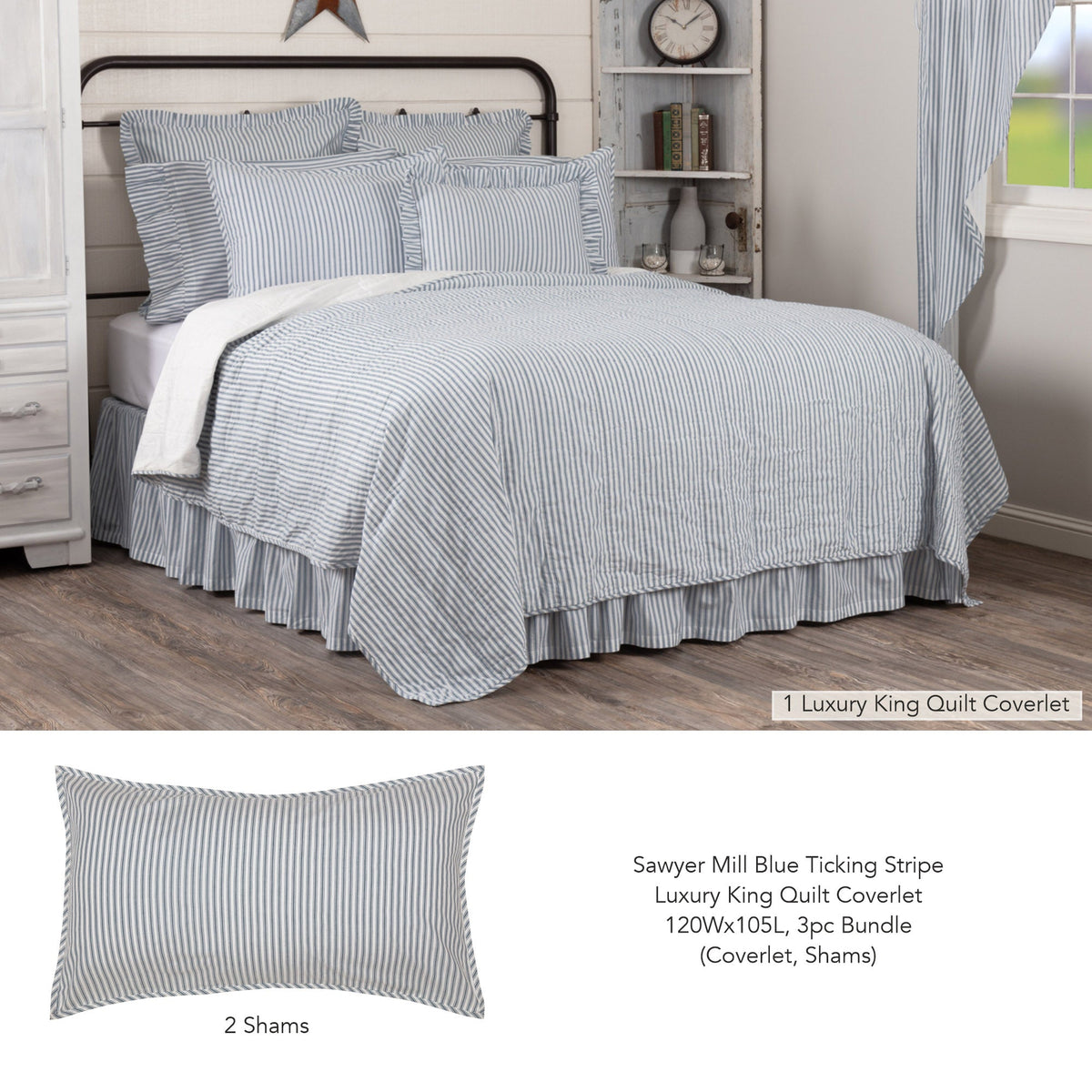 Sawyer Mill Blue Ticking Stripe Luxury King Quilt Coverlet 120Wx105L 3pc Bundle (Coverlet, Shams)