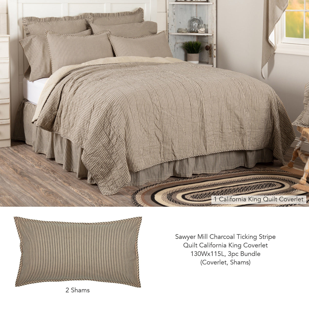Sawyer Mill Charcoal Ticking Stripe Quilt California King Coverlet 130Wx115L 3pc Bundle (Coverlet, Shams)