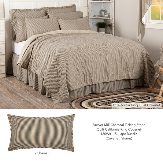 Sawyer Mill Charcoal Ticking Stripe Quilt California King Coverlet 130Wx115L 3pc Bundle (Coverlet, Shams)