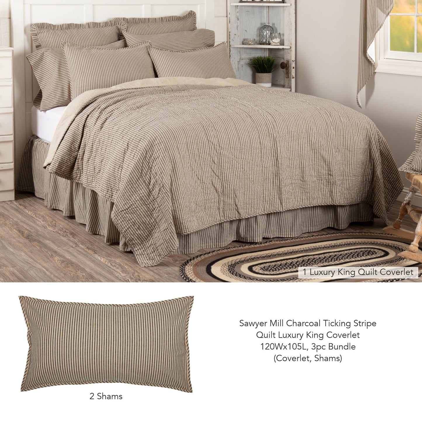 Sawyer Mill Charcoal Ticking Stripe Quilt Luxury King Coverlet 120Wx105L 3pc Bundle (Coverlet, Shams)
