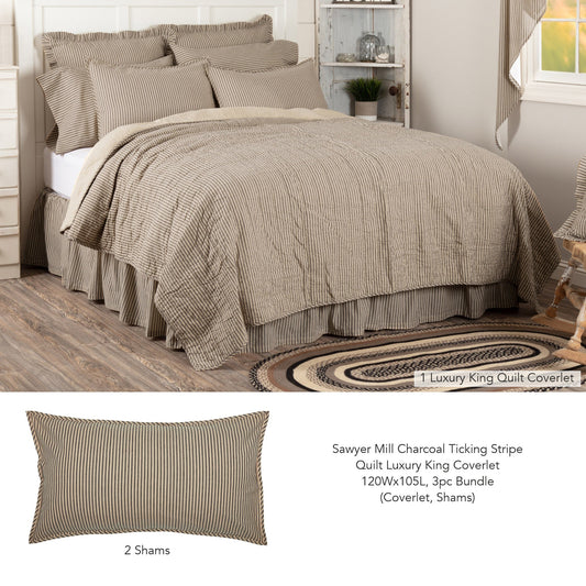 Sawyer Mill Charcoal Ticking Stripe Quilt Luxury King Coverlet 120Wx105L 3pc Bundle (Coverlet, Shams)