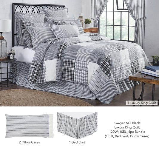 Sawyer Mill Black Luxury King Quilt 120Wx105L 4pc Bundle (Quilt, Bed Skirt, Pillow Cases)
