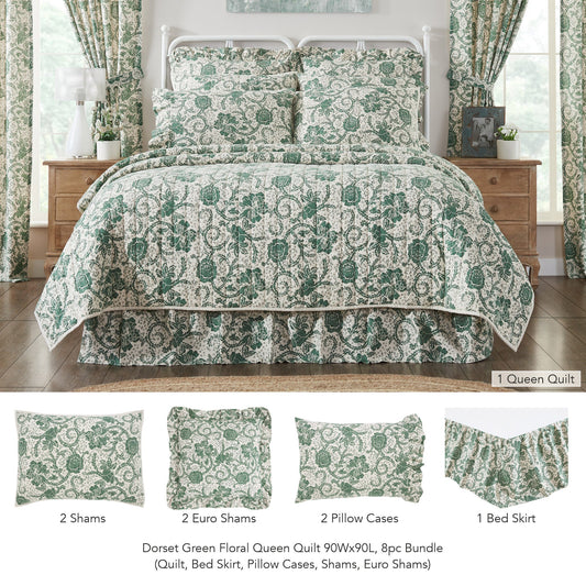 Dorset Green Floral Queen Quilt 90Wx90L 8pc Bundle (Quilt, Bed Skirt, Pillow Cases, Shams, Euro Shams)