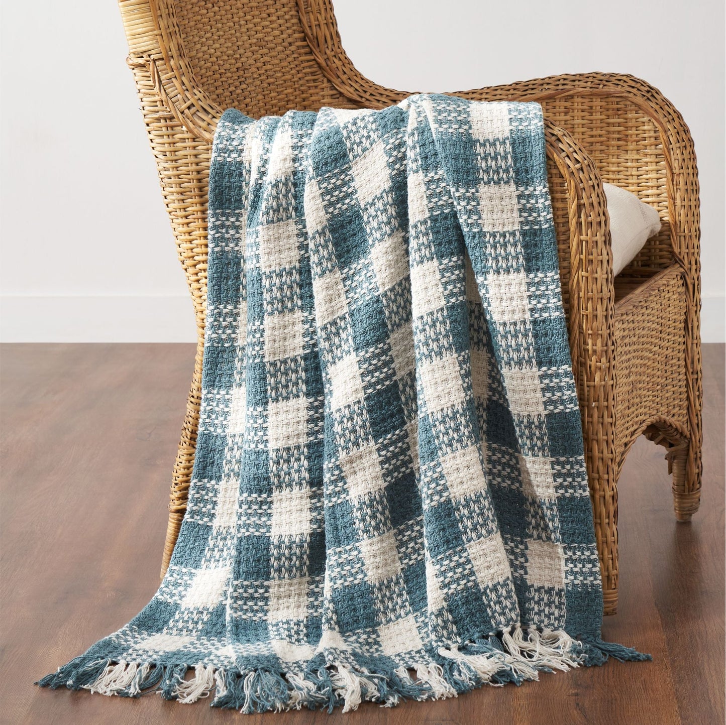 River Blue Woven Check Throw Blanket with Fringe