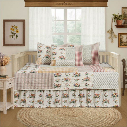 Rosehill Cottage Floral Gingham Patchwork Cotton Daybed Quilt Set - 5-Piece - Dusty Rose & Natural