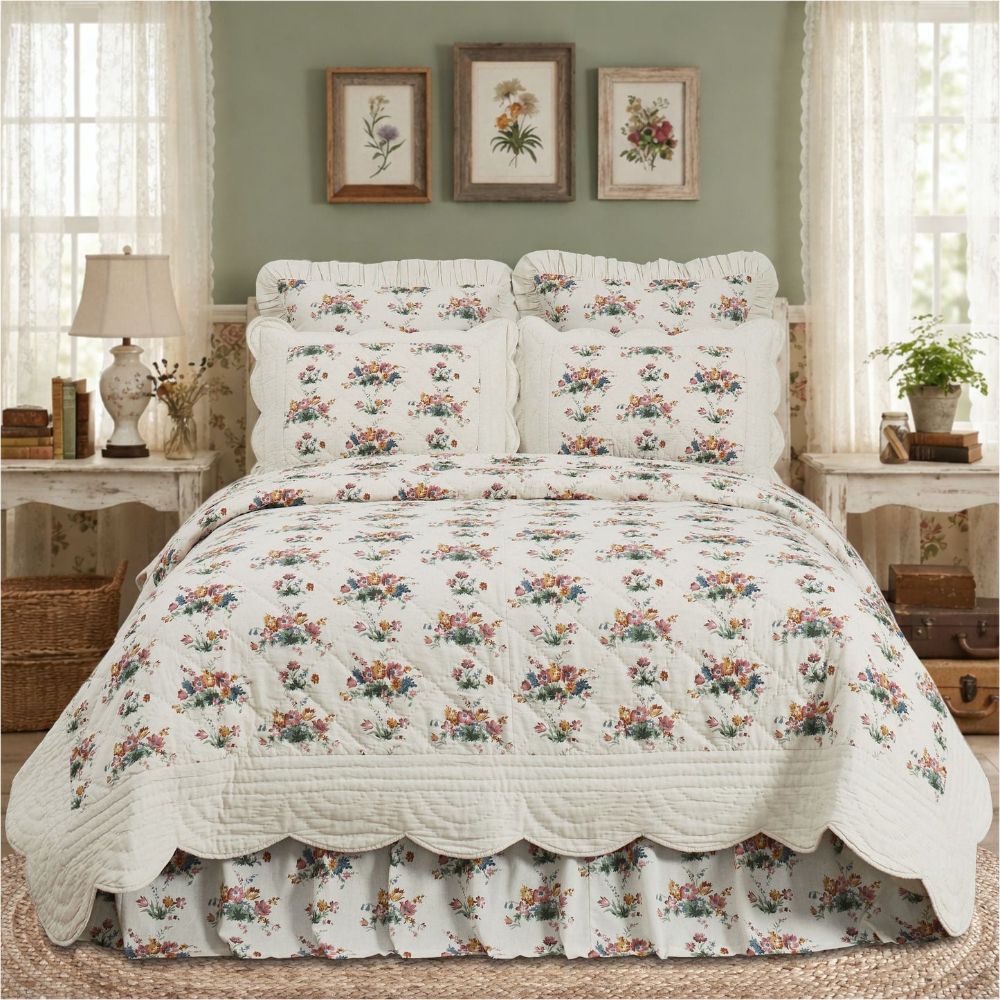 Rosehill Cottage Floral Scalloped Cotton King Quilt - 105x95 Dusty Rose & Natural Vintage Botanical Bedding