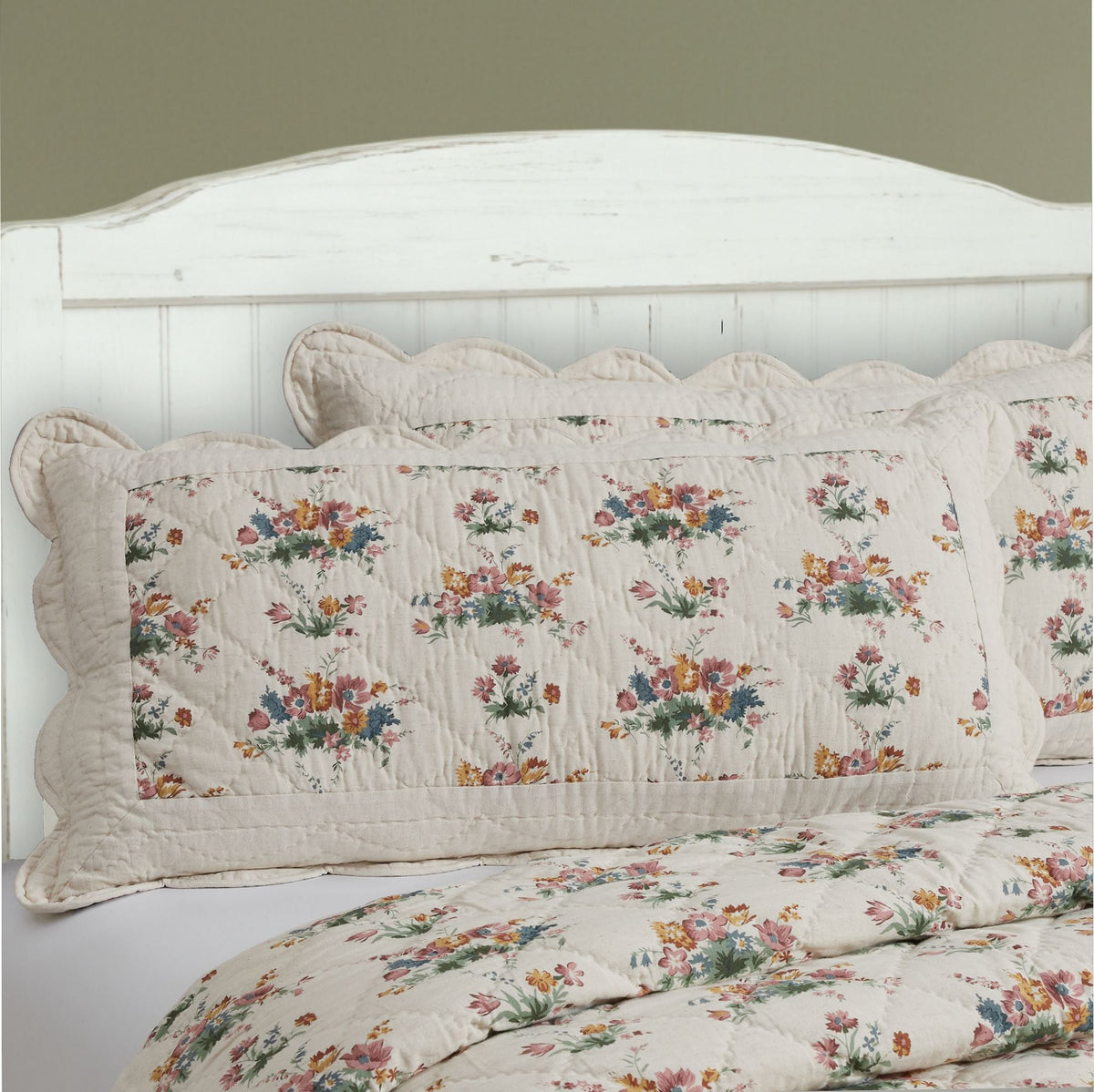 Rosehill Cottage Floral Scalloped Cotton King Sham - 20x38 Dusty Rose & Natural Vintage Farmhouse Quilted Pillow Cover