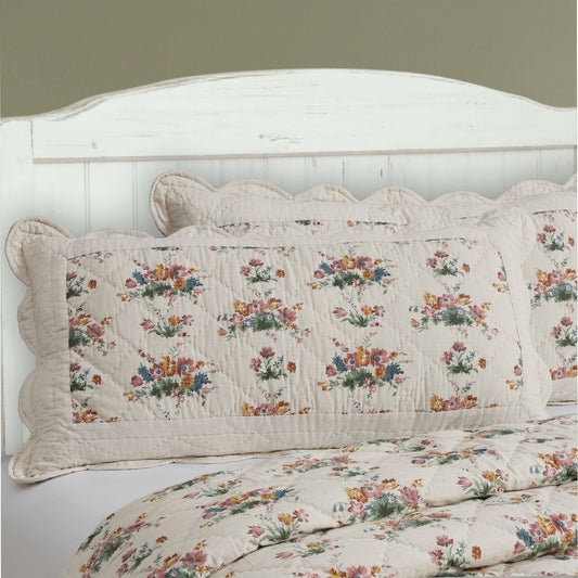 Rosehill Cottage Floral Scalloped Cotton King Sham - 20x38 Dusty Rose & Natural Vintage Farmhouse Quilted Pillow Cover