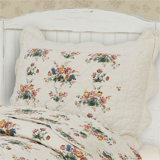 Rosehill Cottage Floral Scalloped Cotton Standard Sham - 20x26 Dusty Rose & Natural Vintage Cottagecore Quilted Pillow Cover