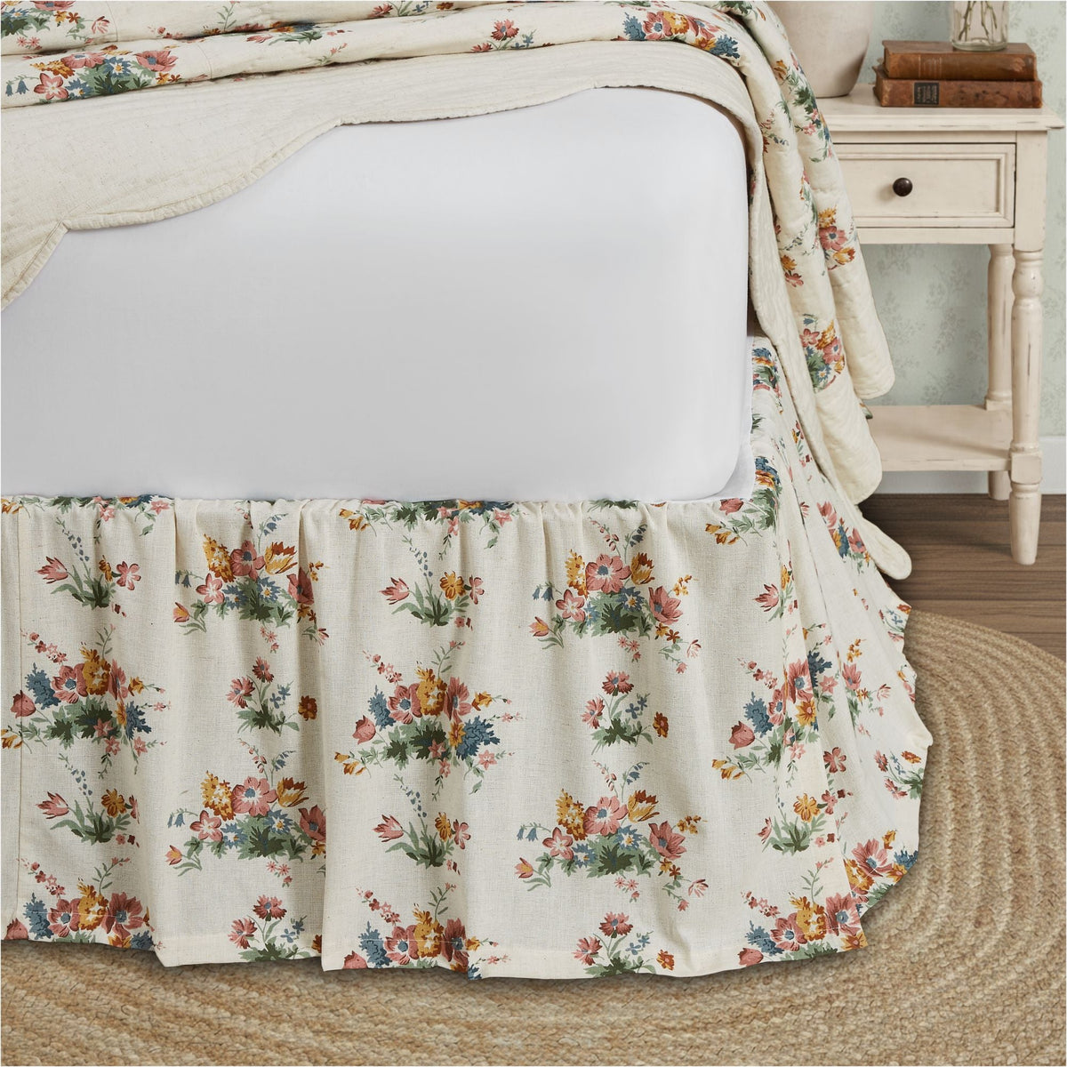 Rosehill Cottage Floral Cotton Queen Bed Skirt - 16in Drop Dusty Rose & Natural Vintage Botanical Bedding