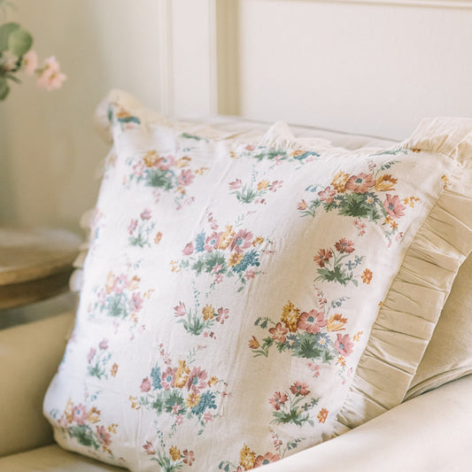 Rosehill Cottage Floral Ruffled Cotton Euro Sham- Dusty Rose & Natural Vintage Botanical Pillow Cover