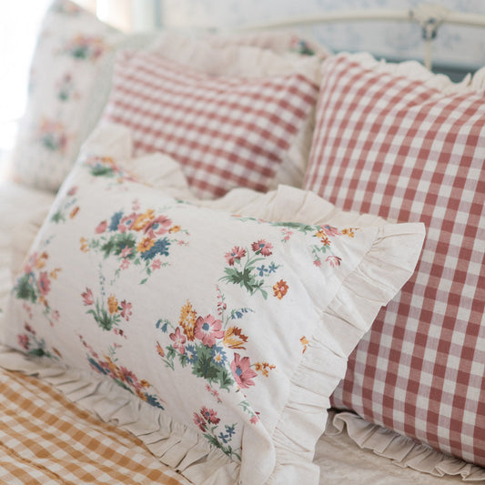 Rosehill Cottage Ruffled Cotton Pillow Cover Set of 3- Gingham & Floral Dusty Rose Natural Decorative Covers
