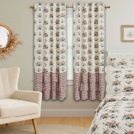 Rosehill Cottage Floral & Gingham Ruffled Cotton Short Panel Curtain Set - 36x63 Dusty Rose & Natural Window Drapes