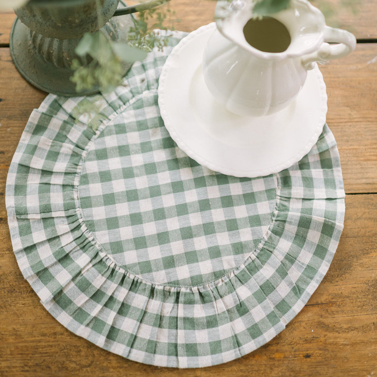 Rosehill Cottage Green Gingham Round Ruffled Cotton Placemats- Set of 6- Green & Natural Table Mats