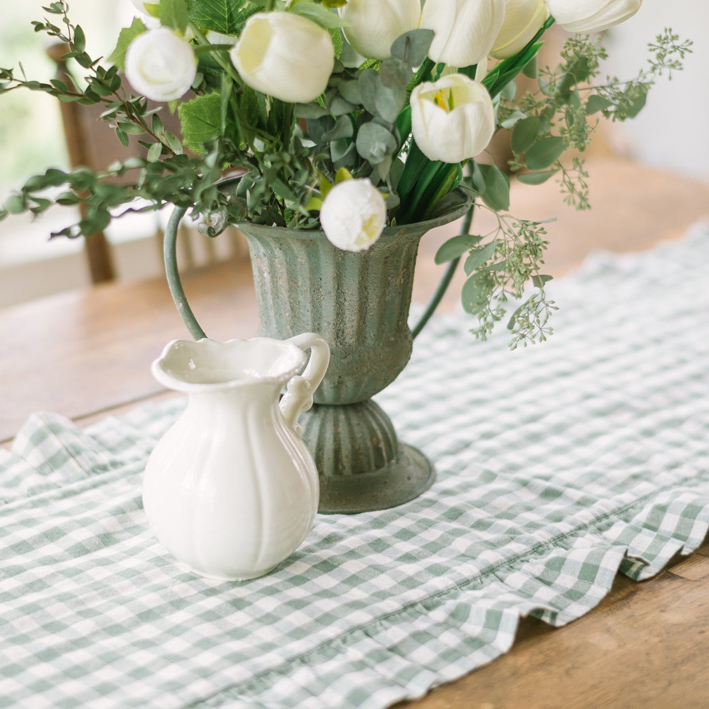Rosehill Cottage Green Gingham Ruffled Cotton Table Runner- Green & Natural Oval Runner