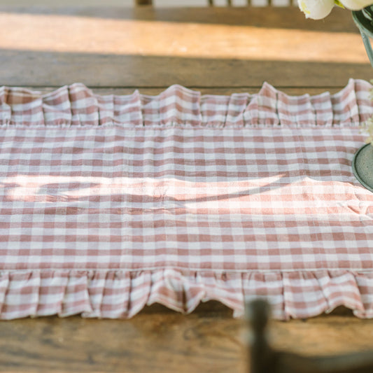 Rosehill Cottage Dusty Rose Gingham Ruffled Cotton Table Runner - 12x48 Pink & Natural Oval Runner