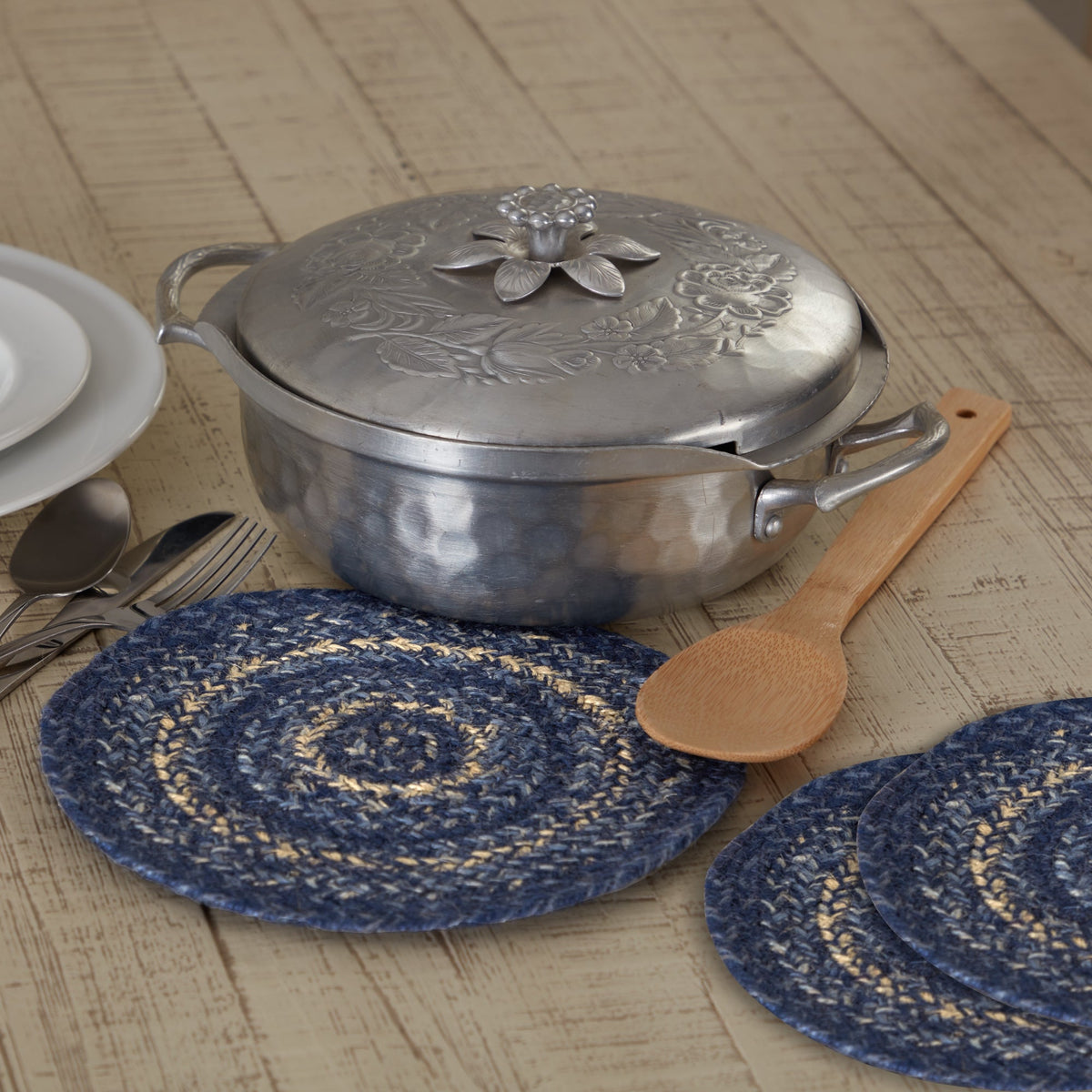 Great Falls Blue Jute Trivet 8 Set of 3
