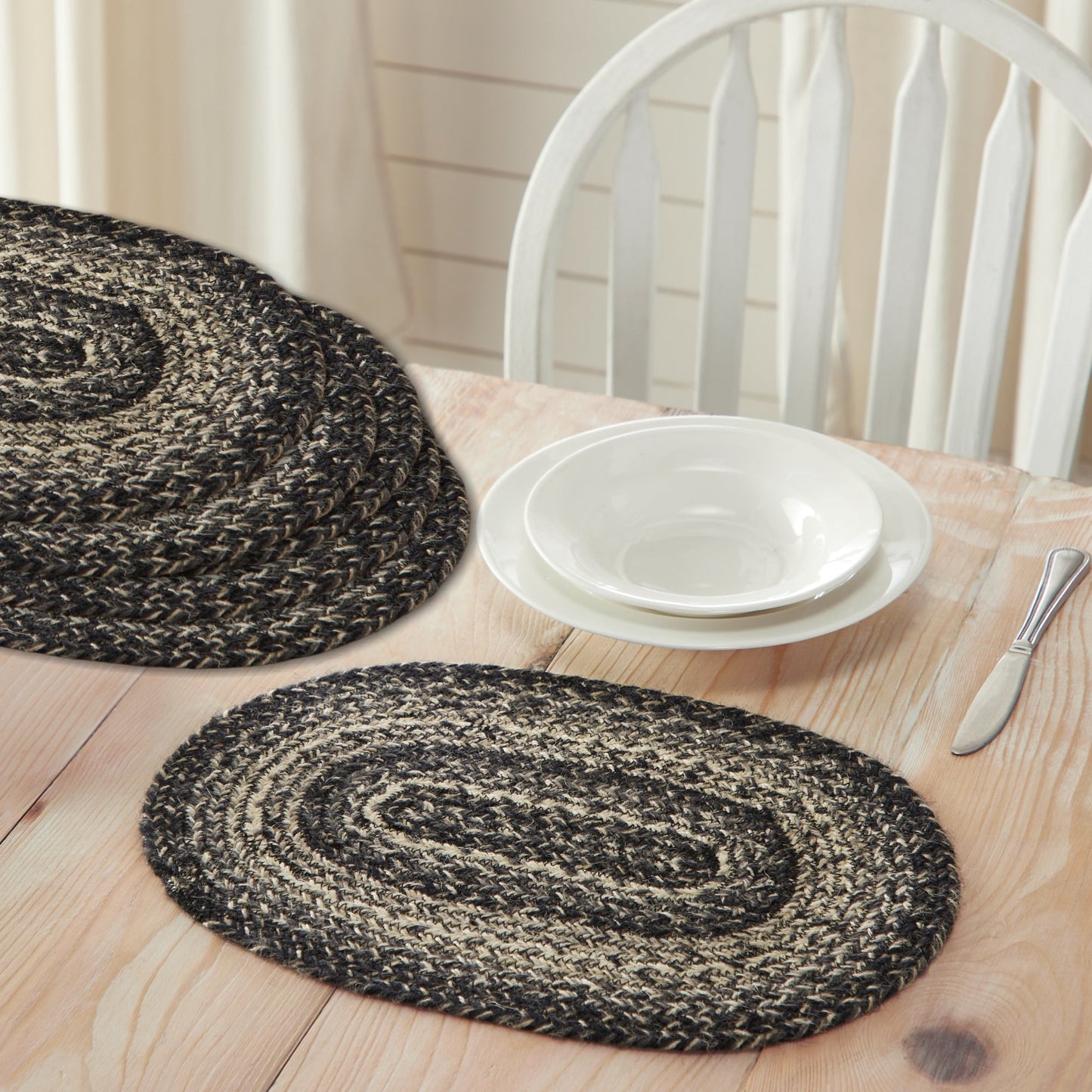 Sawyer Mill Black White Jute Oval Placemat Set of 6 10x15