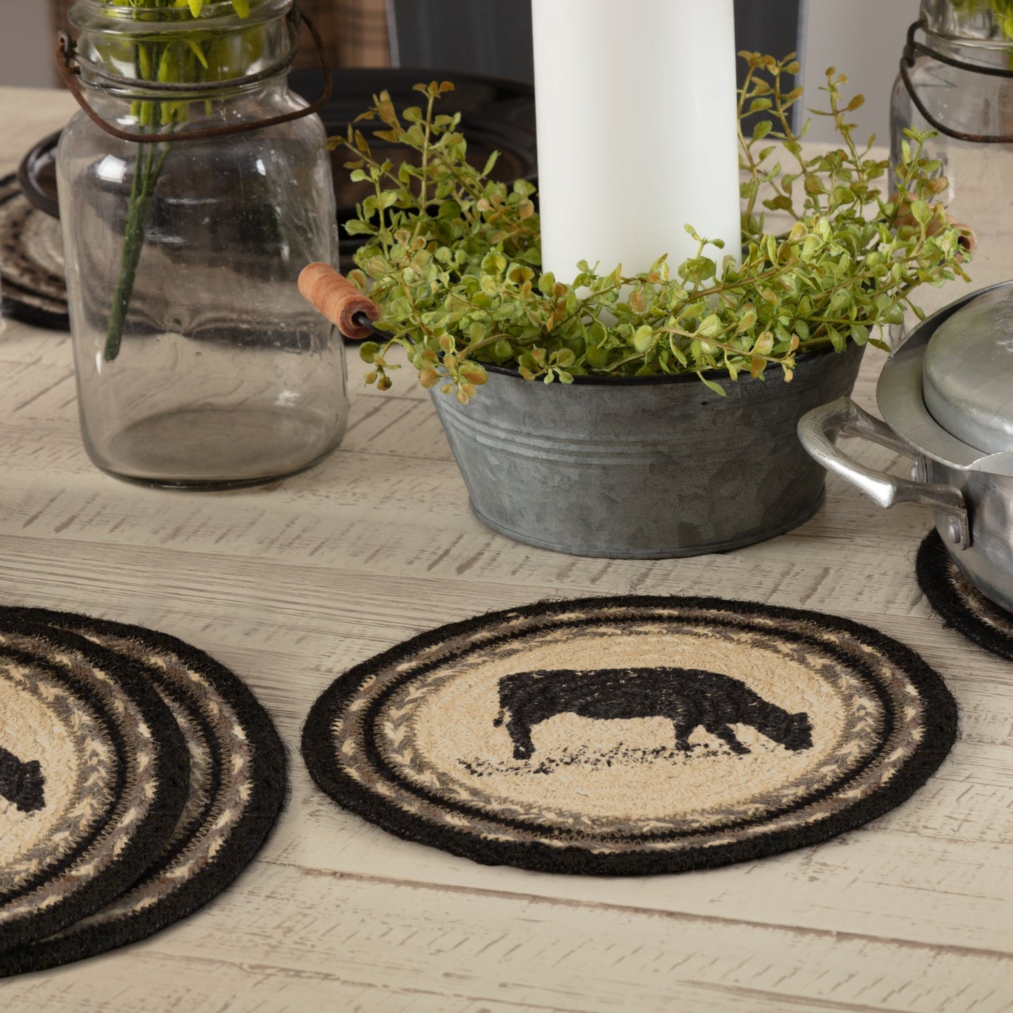 Sawyer Mill Charcoal Cow Jute Trivet 8 Set of 3