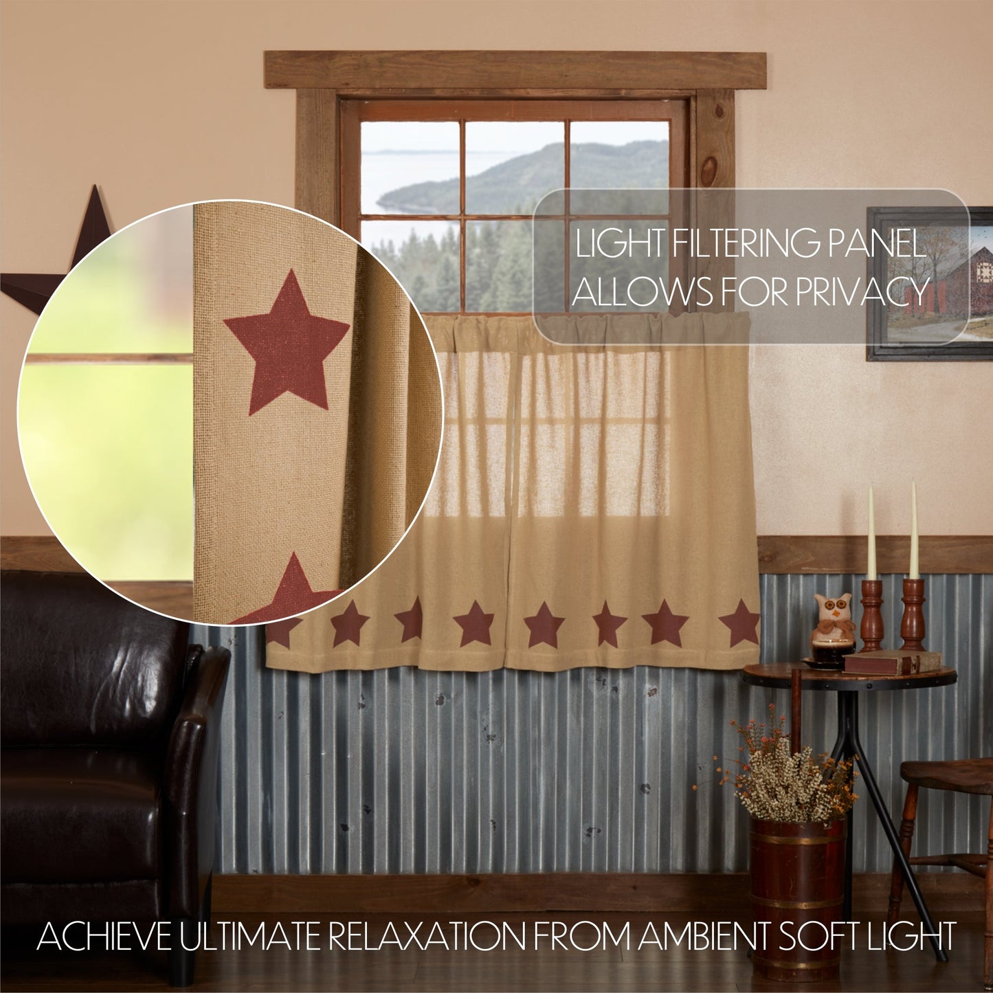 Burlap w/Burgundy Stencil Stars Tier Set of 2 L36xW36